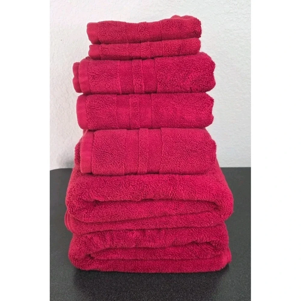New Ralph Lauren Set 7Pc. Red USA 100% Cotton Bath Towels Rags Hand Bathroom